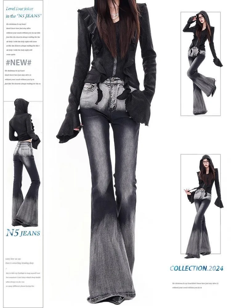 2025 Autumn Winter Women Dark Academia Gothic Flare Denim Pants Abi Y2k Japanese Streetwear Jean Baggy Bell Bottom Long Trousers