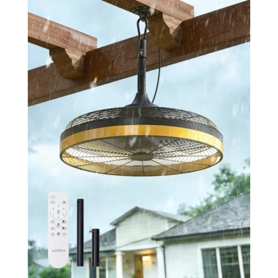 

Outdoor ceiling fan with light for patios: 20-inch black waterproof gazebo fan, remote app control, 6 speeds, 3CCT dimmable, DC