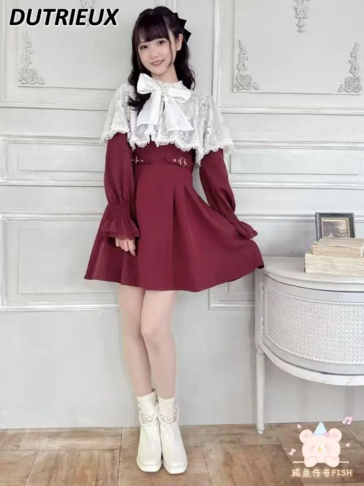 

New Lace Cape Long Sleeve Dresses for Women Fashion Lolita Japanese Style Short Casual Rojita Dress Femme Spring Autumn