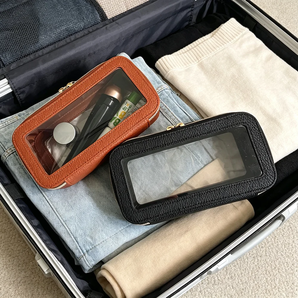 Personalisierte Kosmetiktasche aus PU-Leder, transparente Reisetasche mit Reißverschluss für Damen, wasserdichte Make-up-Tasche mit großem Fassungsvermögen, luxuriöse Aufbewahrungstasche – Detail 6