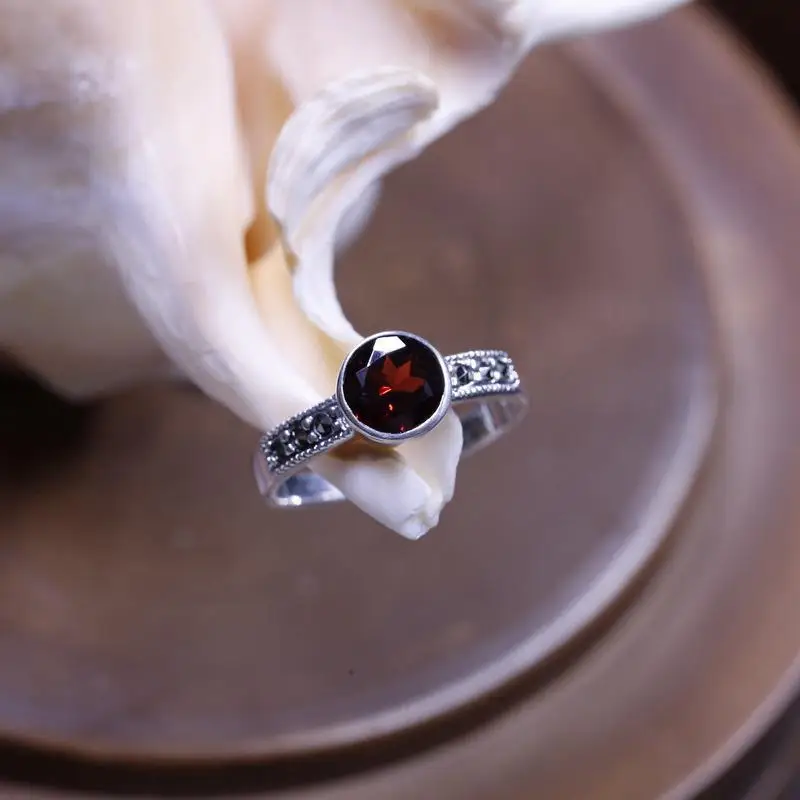 Real Pure 925 Sterling Silver Jewelry Vintage Thai Red Garnet Ring Natural Stone Rings For Women Antique Anel Feminino