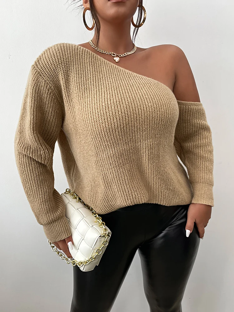 ONELINK Light Brown Asymmetric One Shoulder Sexy Plus Size Wool Women\'s Sweater Pullover Flat Knitting Long Sleeves Loose Tops