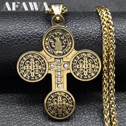 Catholic Saint Benedict Medal Cross Pendant Necklace for Women Men Gold Color Stainless Steel San Benito Chain Jewelry NZZZ173