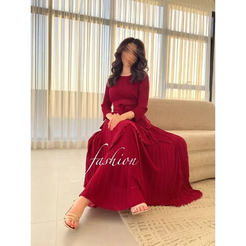 Fashion Party Pleated Skirt Two Piece Women Round Neck Irregular Drawstring Waist Solid Color Full Sleeve Top Long Dress Set