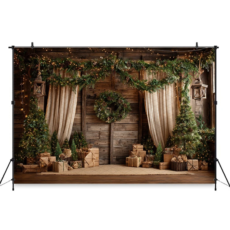 Mocsicka クリスマス写真背景 家族休暇 新年パーティー ツリー 木製ドア 壁装飾 子供写真背景幕 バナー