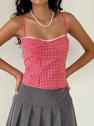 Women Red Gingham Crop Top Sleeveless Coquette Aesthetic Plaid Print Cami Top Summer Vintage Sweet Girl Y2k Tank Top