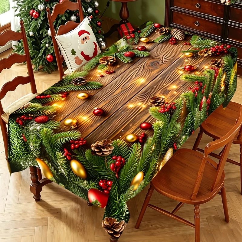 1pc  Christmas Tablecloth Rustic Wood Grain Xmas Pine Branch Printed Table Cover for Holiday Dining Party Decor