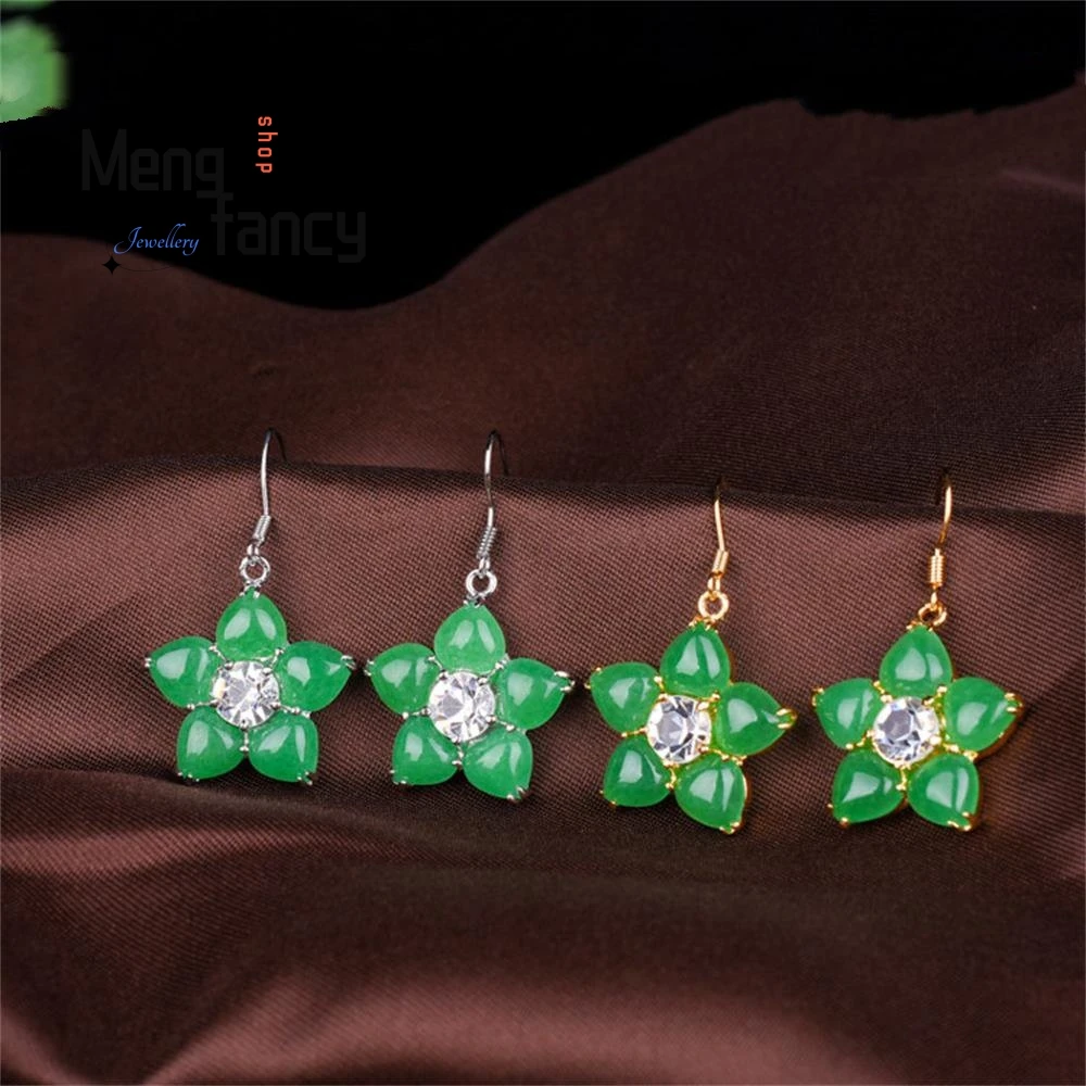 

Natural 925 Silver Burmese Jadeite Five Star Drop Earrings Charms Fashion Retro Women Fine Jewelry Luxury Designer Holiday Gifts