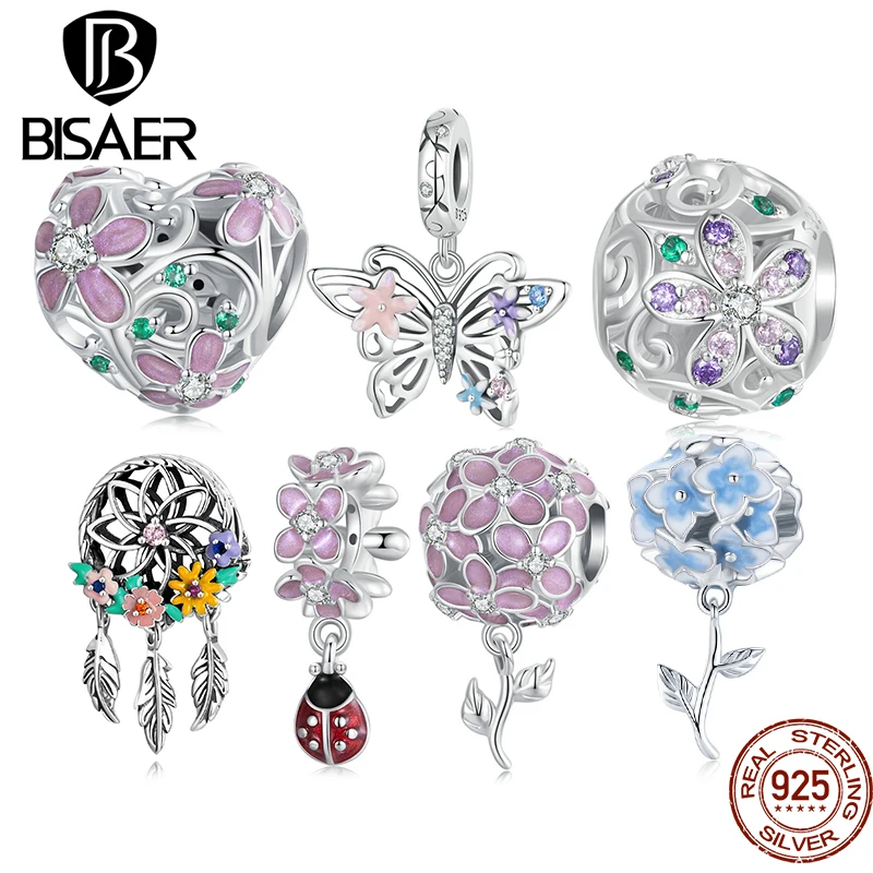 BISAER  925 Sterling Silver Pink Flower Vine Charm Bead Hydrangea Butterfly Pendant For Women DIY Bracelet Necklace Fine Jewelry