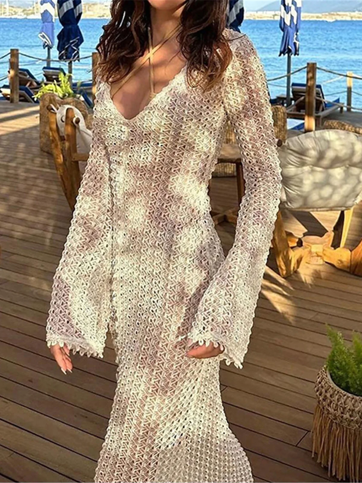 2024 Long Sleeve See Through Crochet Knitted Beach Cover Up Maxi Dress Holiday Beach Dress Beach Wear Beachwear Women K5441