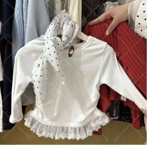 Girls Base Shirt 2025 New Lace Fashion Korean Spring Autumn Children Versatile Long Sleeved T-shirt for Girls