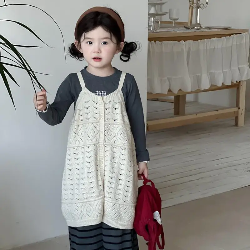 

Новинка осени 202, вязаный халат без рукавов для девочек, однотонный детский длинный свитер, детское ажурное пальто, детский свободный вязаный кардиган