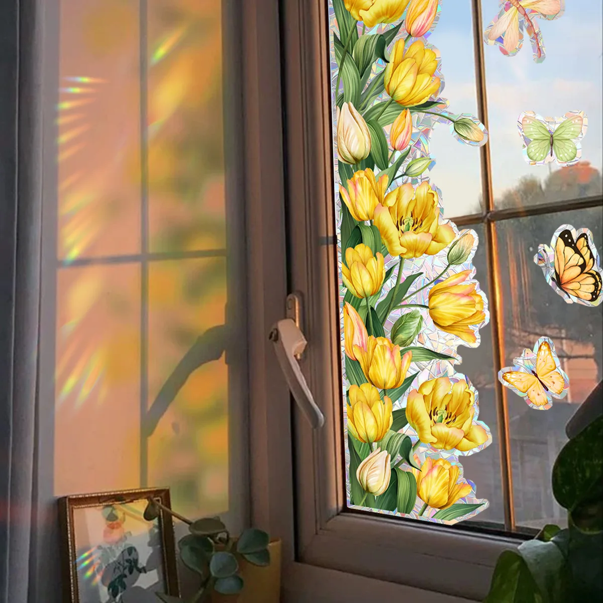 Stained Glass Decorative Stickers Sunlight Catcher Window Door Film Static Cling 3D Yellow Flowers Stickers Home Decoration