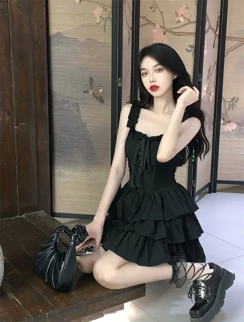 French Style Tank Dress Women's Summer Pure Desire Sexy Ruffle Edge Elegant High-end Feel Cake Short Skirt Little Black Dress