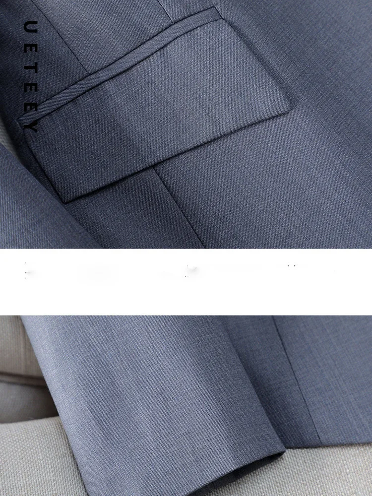 UETEEY офисный серый модный элегантный женский комплект брюк, однобортный комплект на молнии, повседневная рубашка с рукавами, деловая рабочая одежда, комплект из 2 предметов