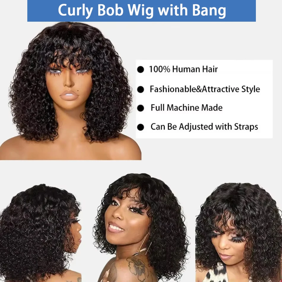 Krótka peruka Bob Wig Deep Wave Curly Bob Wig With Bangs Human Hair Glueless Brazilian Scalp Top Wig Loose Deep Curly For Black Women