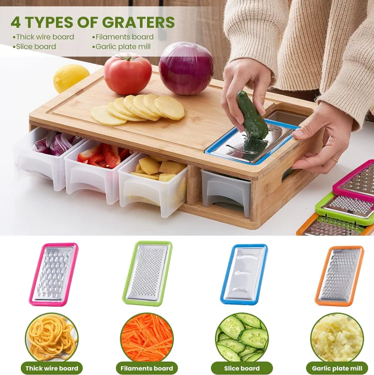 for Kitchen bamboo cutting board with drawer cutting board with 4 containers tray pull natural block bamboo cutting board