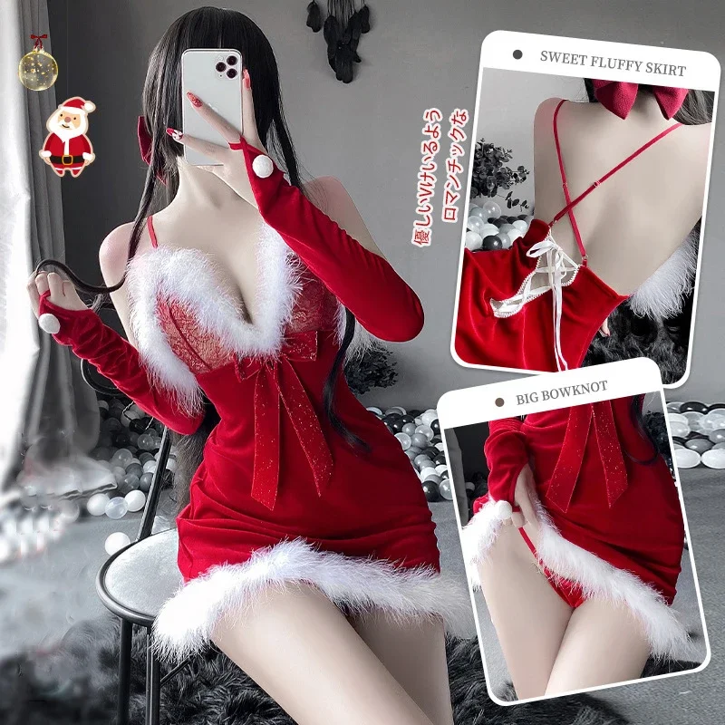 Christmas Costumes Sexy Lace Red Velvet Dress Santa Cosplay See through Lingerie Winter Holiday Performance Tempting Clothing