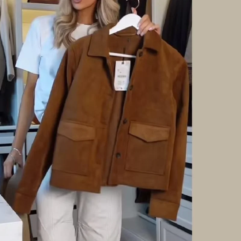 

﻿ Fashion Suede Texture Women's Lapel Jacket New Commute Style Versatile Single Breasted Pocket Coat 2025 Autumn Lady Streetwear