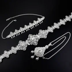 Sunspicems Silver Color Morocco Bridal Jewelry Sets Crystal Women Waist Belt Pendant Necklace Hair Chain Arabic Wedding Bijoux