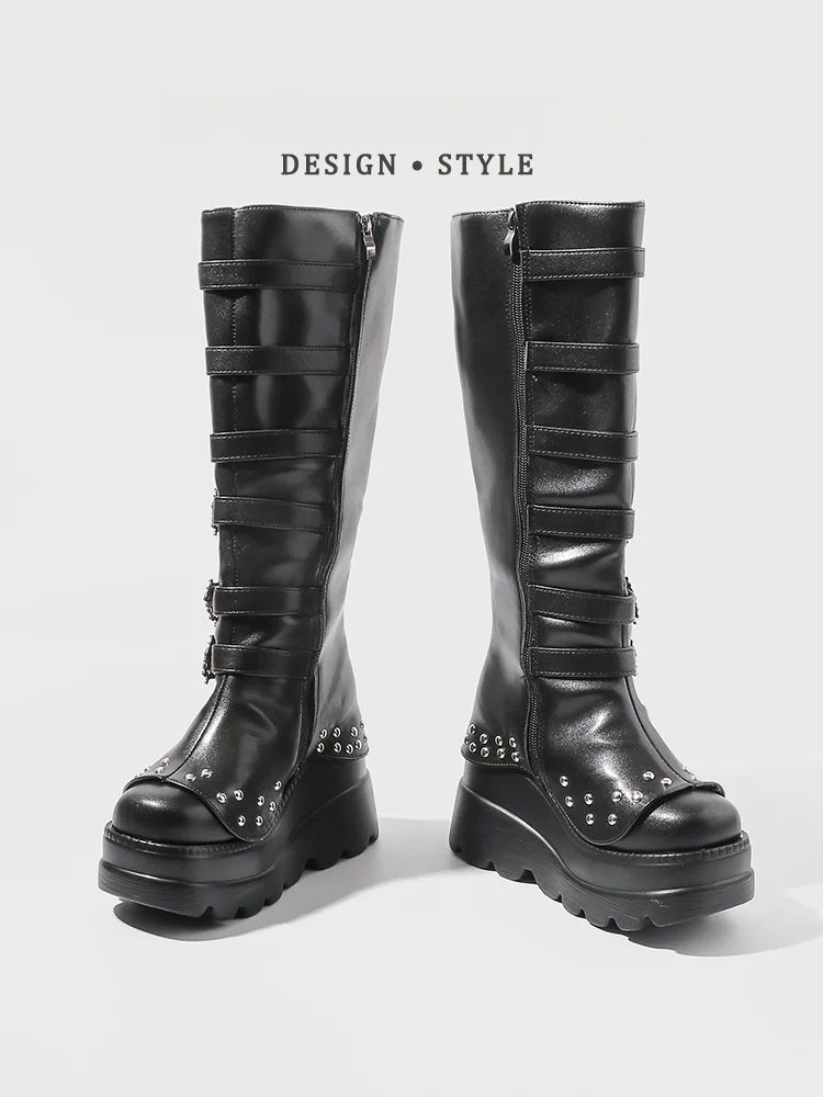 

Punk Style Thick Bottom Motorcycle Boots Women's Y2K Gothic Trendy Metal Knight Boots Hot Girl Street Style Long Tube Boots