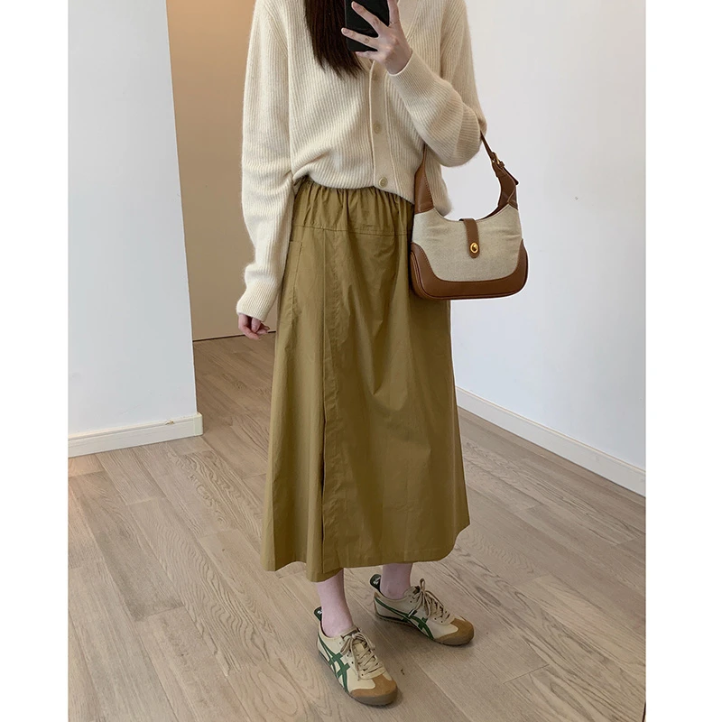 

Korean Style New Arrival Spring Autumn Women Casual Loose Fashion A-line Skirt Vintage Good Quality Cotton Mid-calf Skirts Y109