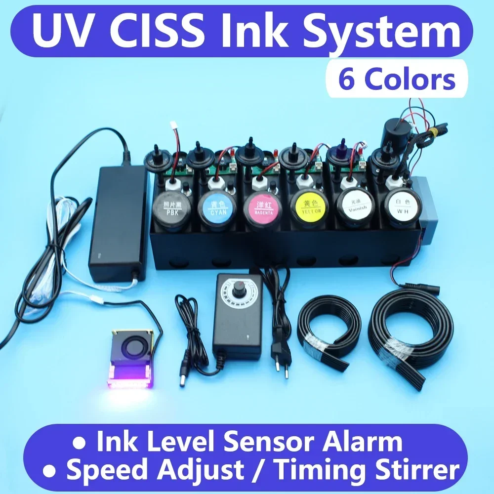 

UV DTF Printer Modify CISS Varnish with UV Curing Lamp Ink Level Sensor Alarm System for UV White Ink Timer Stirrer Contolled