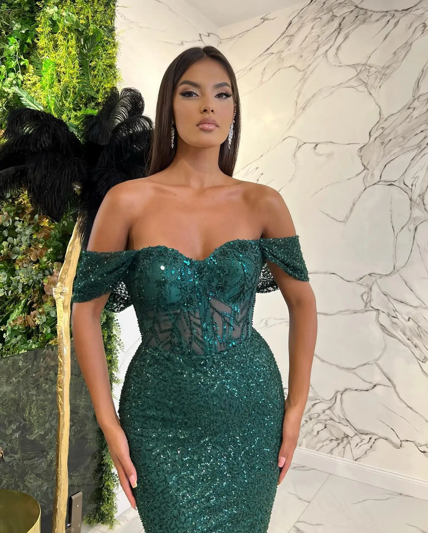 Emerald Green Off-Shoulder Mermaid Prom Dress Floor-Length Cut-Out Lace Appliques Evening Party Gowns Custom Vestido De Novia