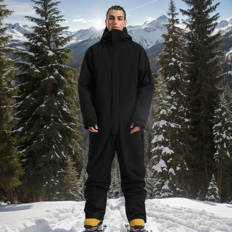 

New Hooded Ski Suit Men's Set Windproof Waterproof Breathable Loose Thick Warm Single Board Sports Breathable One-piece Ski Suit