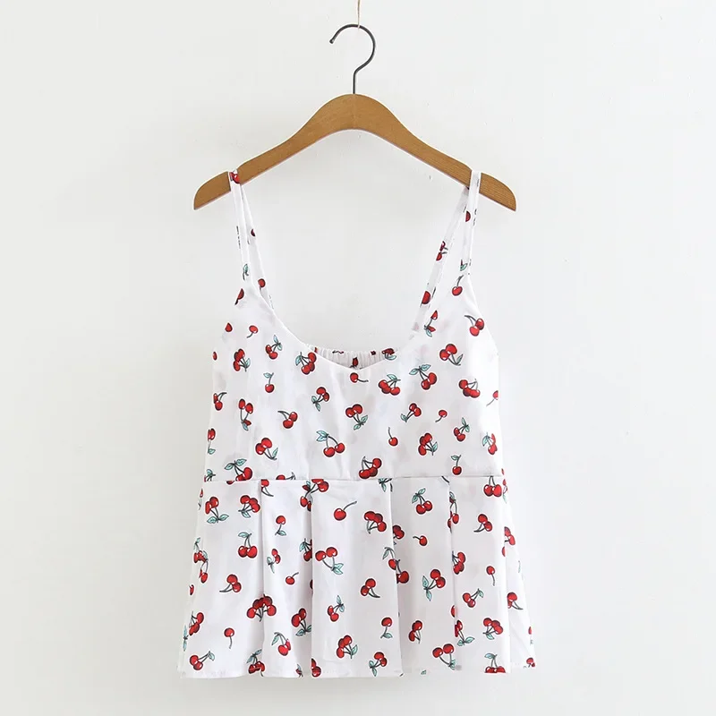 Crop Top Summer Fashion Versatile Cherry Print Suspender Doll Top for Women