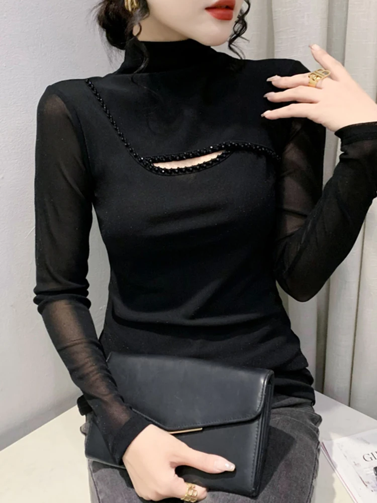 المرأة عالية الياقة Fce اصطف لي قاعدة irt طويلة Sve Faion ليوبارد طباعة T الأعلى سليم صالح ملابس داخلية تخفيف Sle