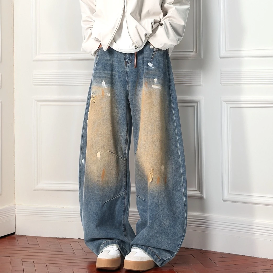 

Ретро американские потертые джинсы с дырками, мужские свободные прямые повседневные универсальные длинные брюки, брюки в повседневном стиле, мужская одежда