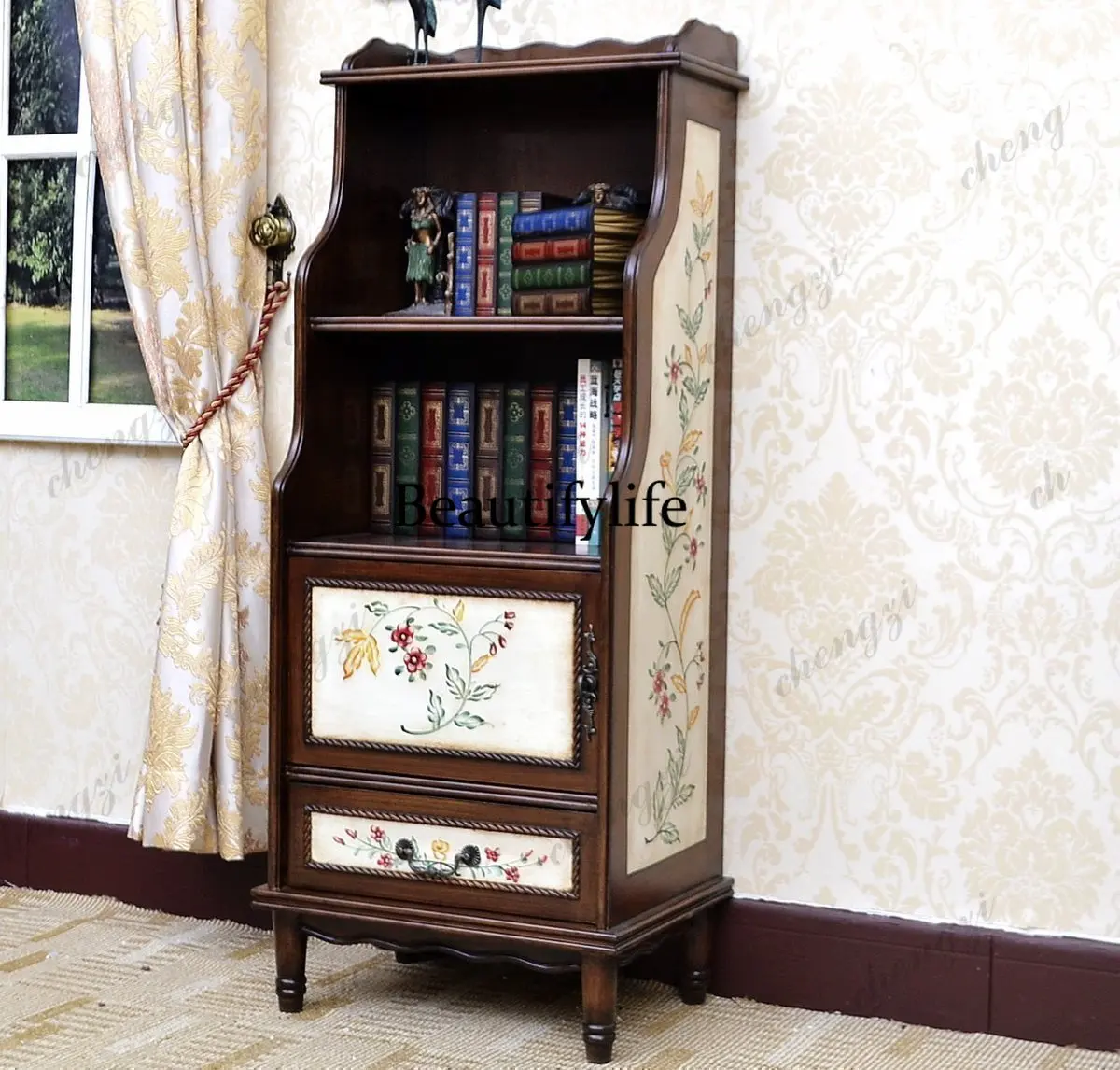 American style, solid wood bookshelf, side cabinet, study, documents, magazines, storage drawers, low cabinet