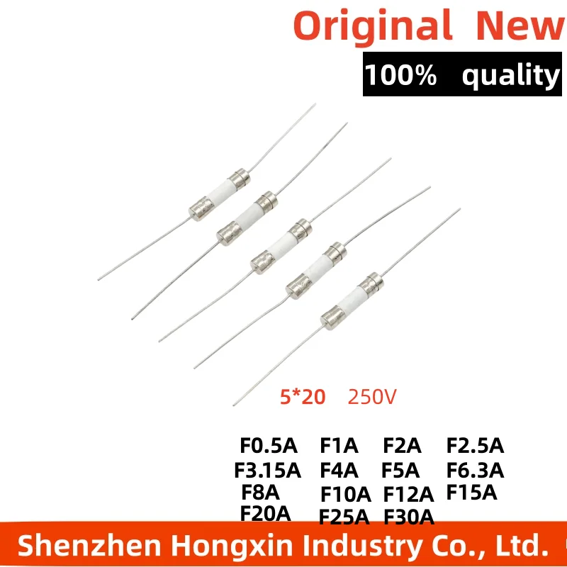 10 pieces of 5 * 20 ceramic fuse tubes with pins, 250V F1A 2A 5A 8A 10A 15A 20A 30A