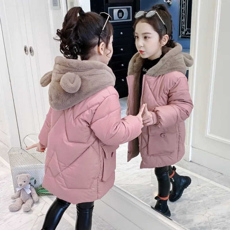 Winter Long Hooded Jackets Girls Fashion Bear Coat Children's Teen Cotton Outerwear Kids Parkas Snowsuit For 4 6 8 10 12 Years