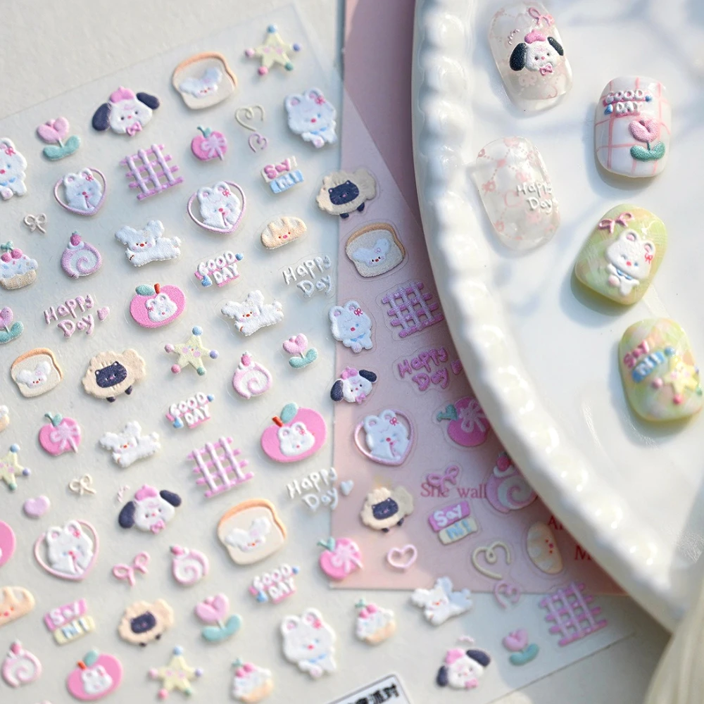 

Lovely Cartoon Puppy Bunny Cat Bowknot Love Apple Bread Cake 3D Self Adhesive Nail Art Stickers Dog Rabbit Cute Manicure Decals