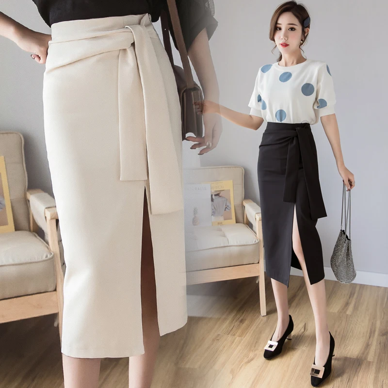 

Модная универсальная юбка миди с поясом для офиса, приталенная юбка-карандаш, юбка с разрезом, юбка-обертка, юбка с высокой талией прямого кроя