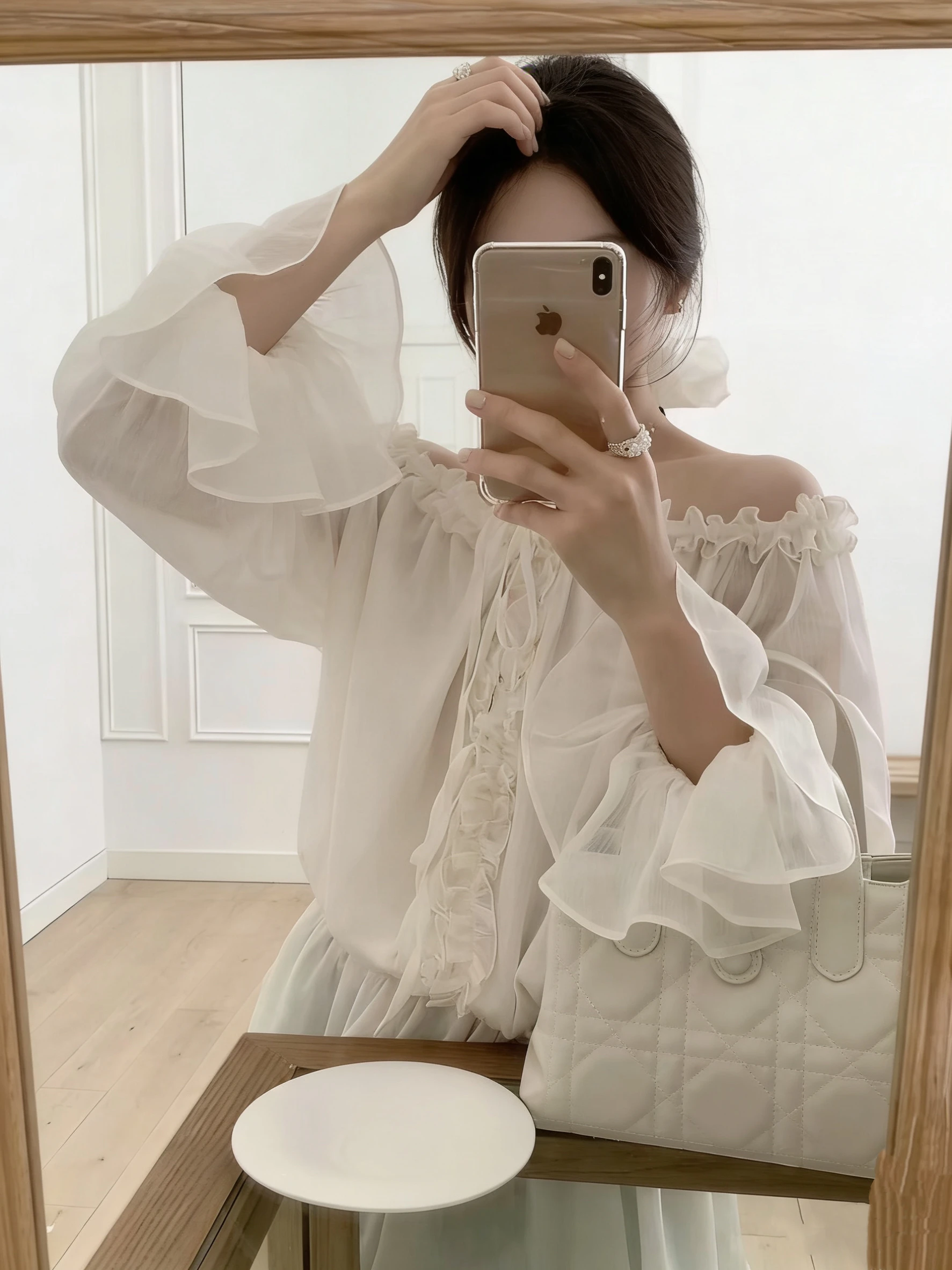 

Kumikumi Spring Loose Women's Long Sleeve Shirt Thin One-Shoulder Wood Grain Korean Style Breathable Comfortable Top