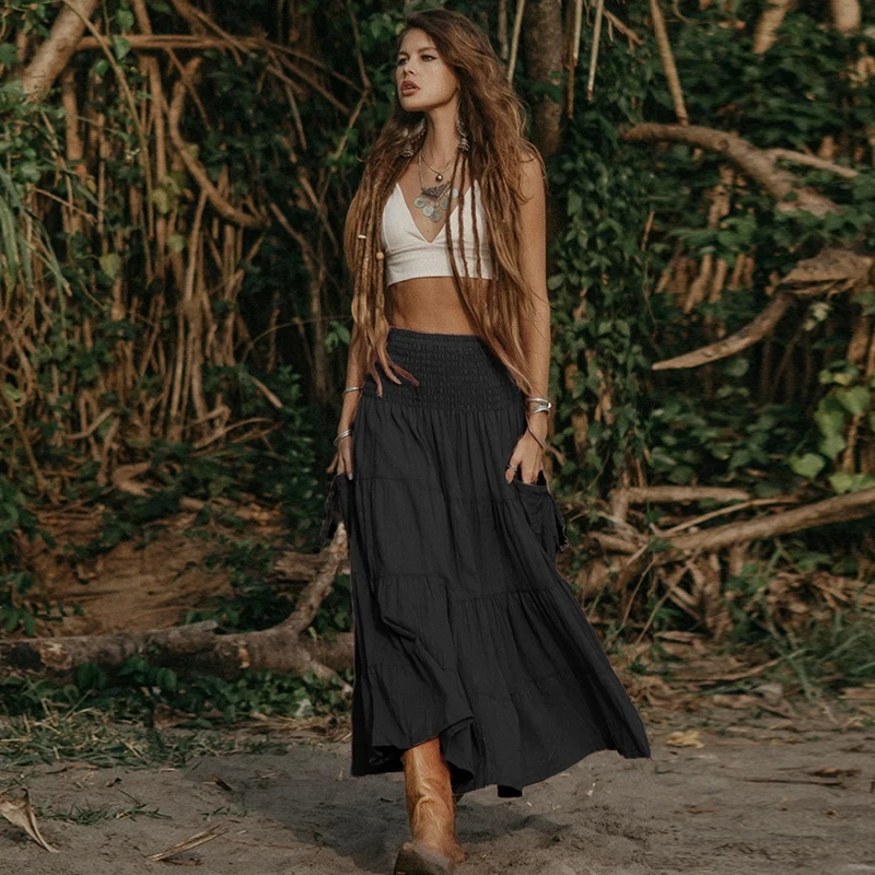Boho Forest Fairy Tiered A-Line Skirt Pockets Convertible Bustier Dress Women Vintage Hippie Gypsy Maxi Skirt Versatile Sarong