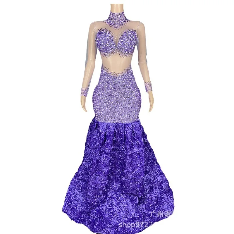 Hot Sale Purple Hot Diamond Tutu Birthday Party School Celebration Stage Model Catwalk Livehouse Wear Robe Blanche Élégante Luxe