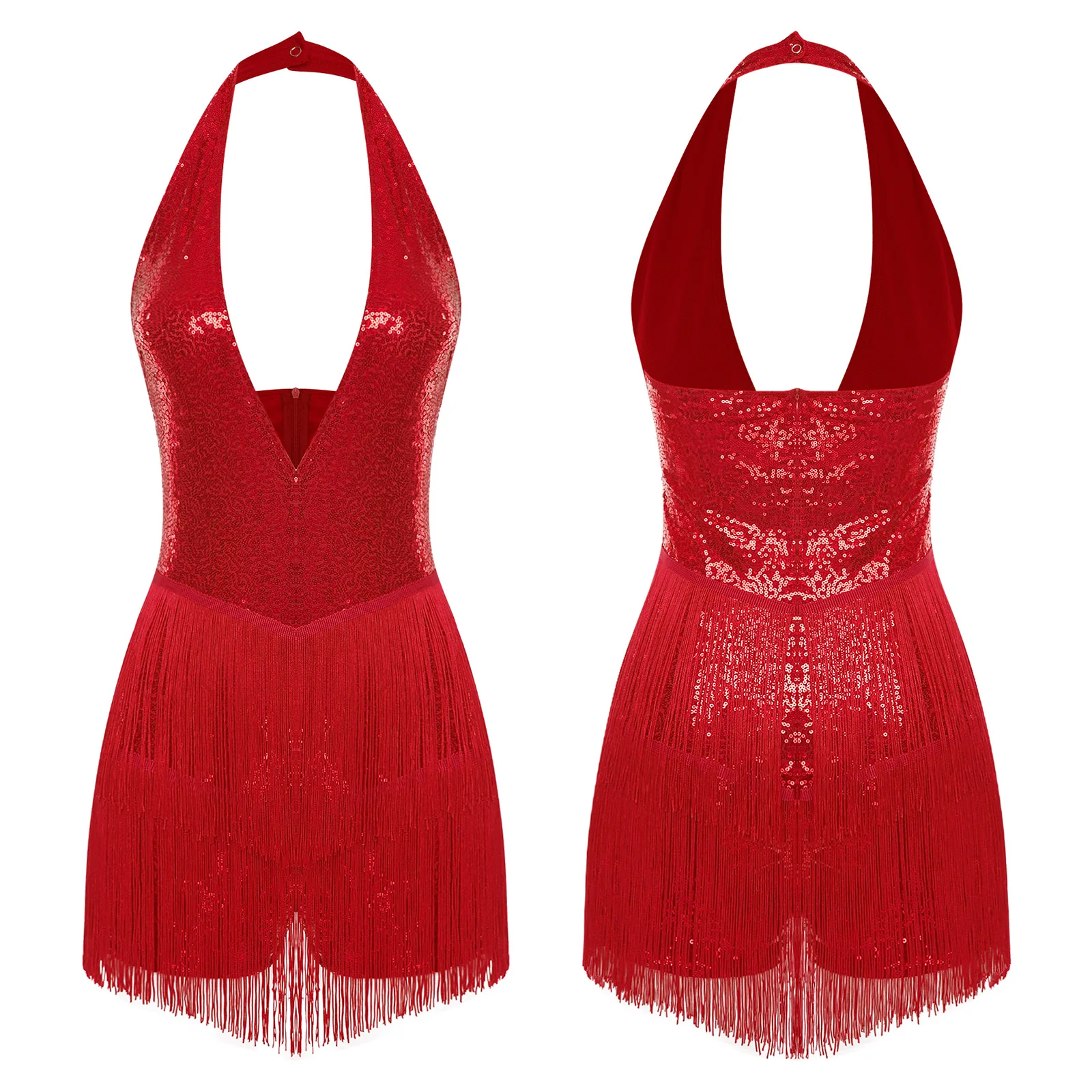 

Women Latin Jazz Salsa Rumba Dance Tassel Bodysuit Dress Dancewear Glittery Sequin Halter Backless Tiered Fringe Leotards Dress