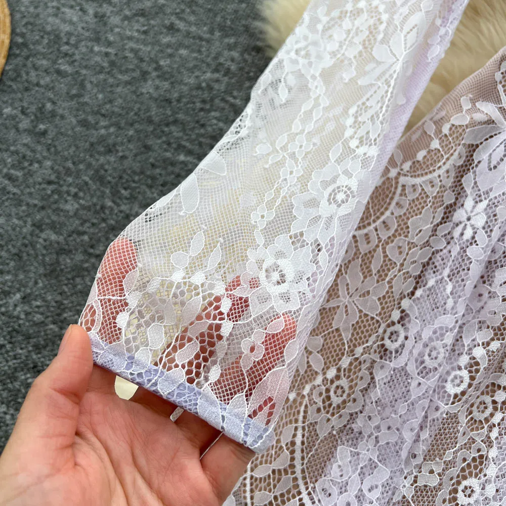 Französisches High-End-elegantes sexy schiere Abendkleid für Damen, O-Ausschnitt, lange Ärmel, Spitze, asymmetrischer Saum, kurzes Kleid, High Street Bankett