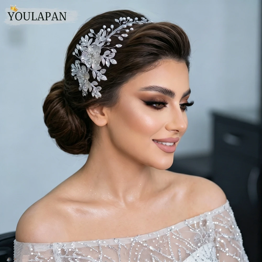 YouLaPan Luxury Bride Flower Headband Pearl Rhinestone Handmade Head Hoop Wedding Party Headpieces Hair Accessories HP1018