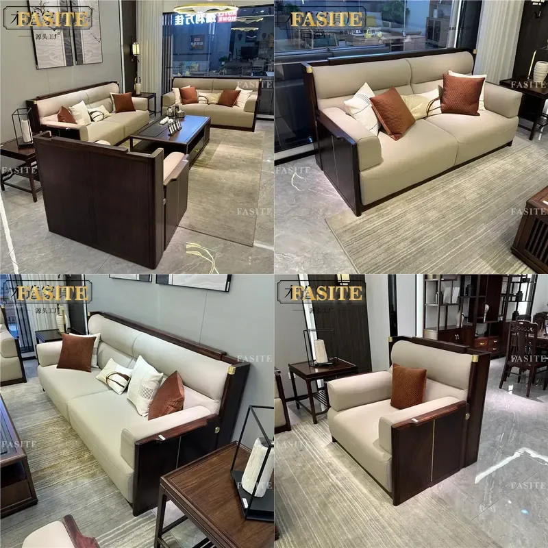 For Modern Light Luxury Solid Wood Leather Sofa Combination Ebony Style Apartment Living Room Furniture Durable Comfortable