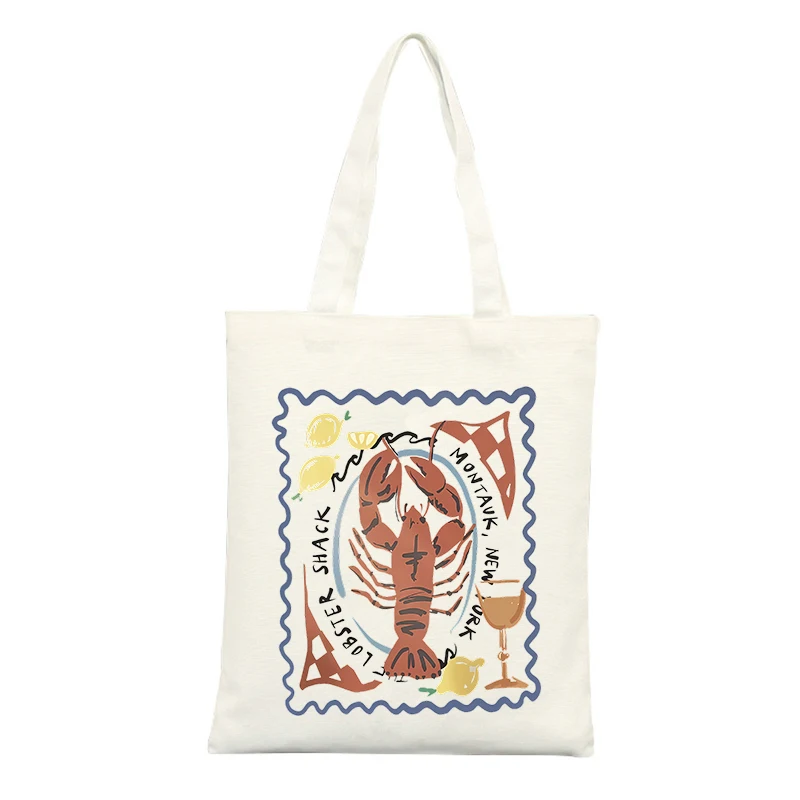 Lobster Graphic Canvas Tote Bag with Vintage Stamp Design, Ideal for Casual Outings and Summer Shopping