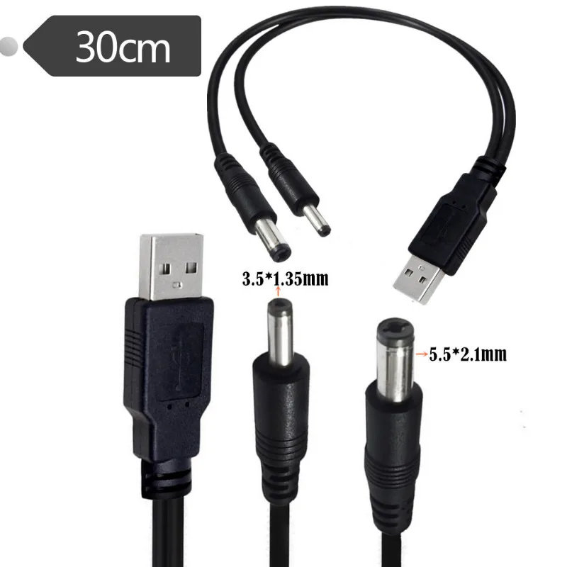 Câble d'alimentation USB mâle vers DC, 2 en 1, USB2.0, 3.5x1.35mm, 5.5x2.1mm, 0.3m