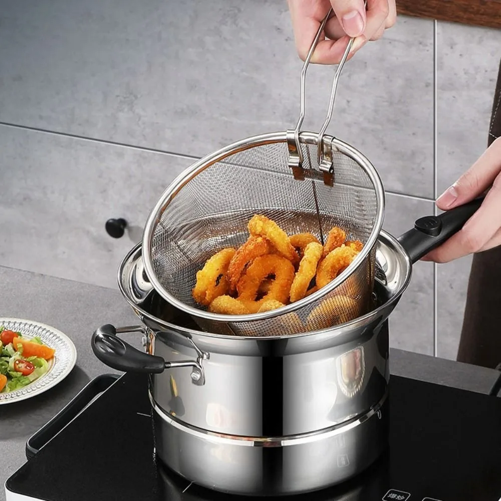 Household Stainless Steel Deep Fryer Pot with Frying Basket and Steamer Visible Lid Pasta Pot Japanese Stockpot Tempura