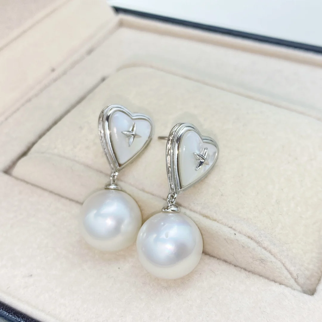 MeiBaPJ 11mm Natural Round Pearls Fashion Heart Shell Drop Earrings DIY 925 Silver Empty Tray Fine Wedding Jewelry for Women