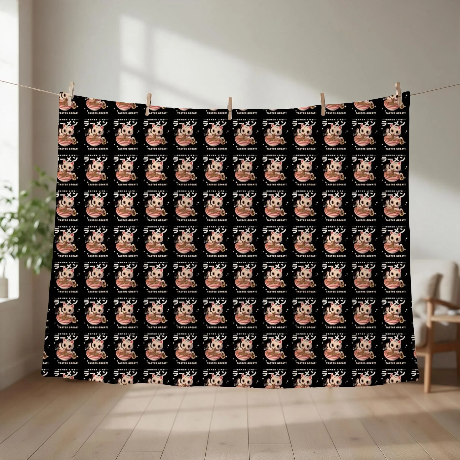 Kitten Eating Ramen- Ramen Life Tastes Great! Throw Blanket couch cozy soft plush fuzzy picnic outdoor blanket