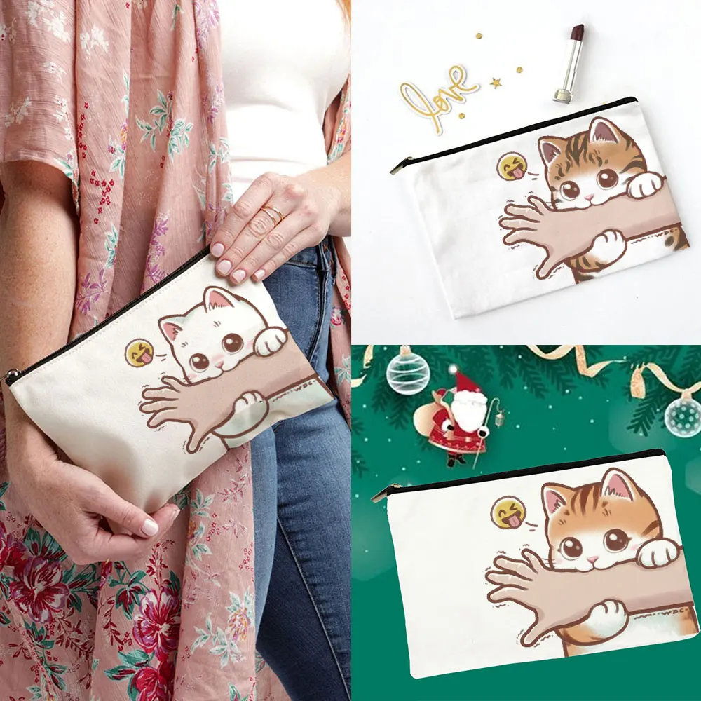 

Bag Cute Storage Bags Ladies Toiletry Bag Black Portable Pencil Case Cartoon Cat Double Sided Printed Cosmetic Bag Women Makeup